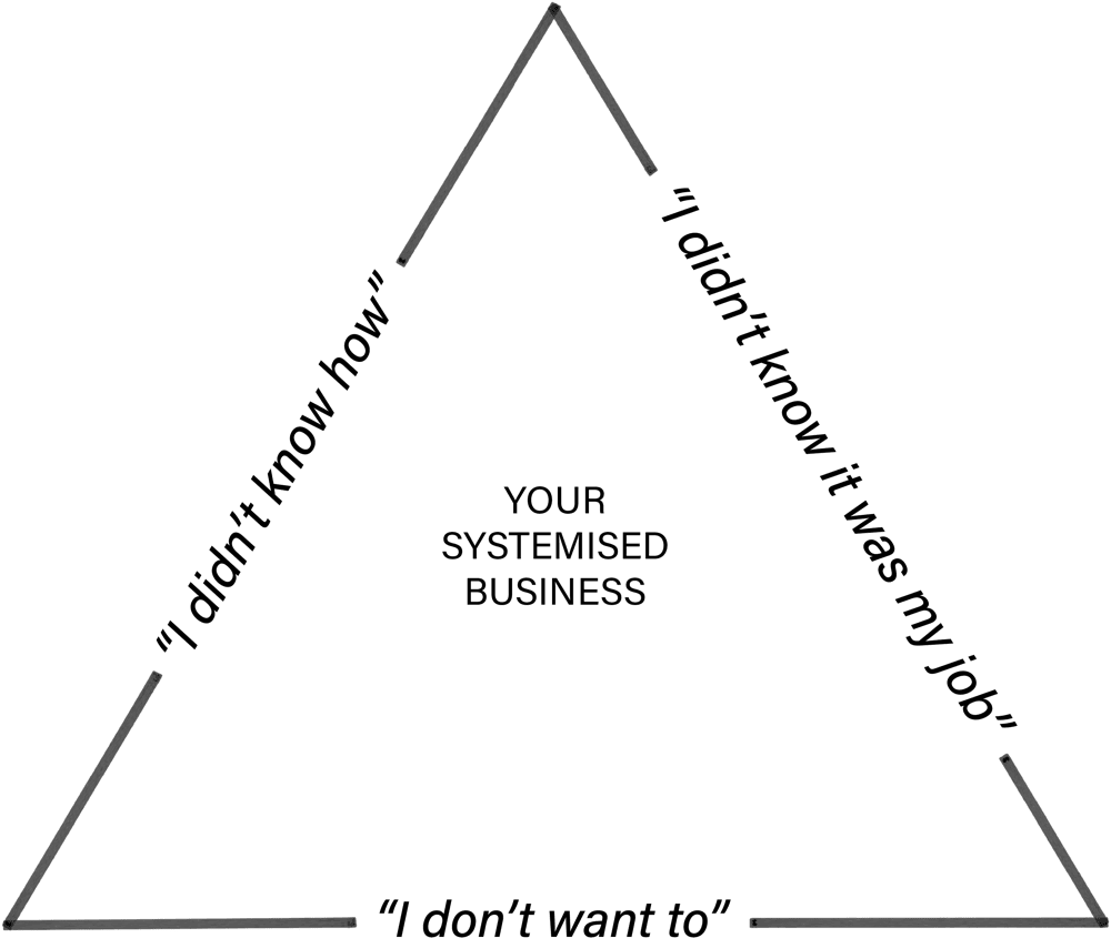 A triangle showing the three excuses that block systemisation — 'I didn't know how', 'I didn't know it was my job' and 'I don't want to' — surrounding Your Systemised Business